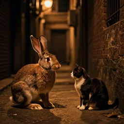 rabbit is talking with a cat in a dark alley, warm color palette, night time, dramatic lighting, noir film, fine details, high contrast, blacksad, kim jung gi, greg rutkowski, trending on artstation, 8 k, ultra wide angle