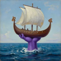 an oil painting of a giant purple hand, coming out of the ocean, holding a viking ship
