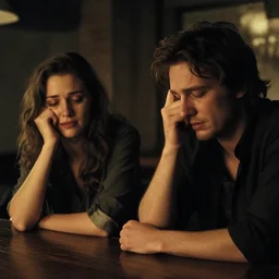 tarkovsky aesthetic. woman and man in a bar. she is weeping