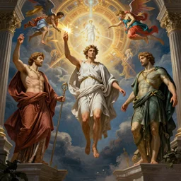 greek mythology, by Rolf Armstrong and Evelyn De Morgan and Bastien Lecouffe-Deharme, dramatic lighting, high contrast colors, baroque, empyrean, panoramic view, as trending on Artstation, highly detailed, doom engine,