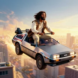 3 d vfx - movie poster - art of an african jesus jesus riding in a flying delorean over the city, back 2 the future, art style by ernie barnes & drew struzan, unreal engine render, digital illustration, sharp, intricate detail, volumetric light, ray tracing, golden hour, pinterest, artstation, behance