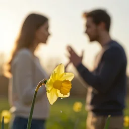 photo of a daffodil in the foreground with an arguing man and woman out of focus in the background, golden hour, water droplet falling off of the daffodil