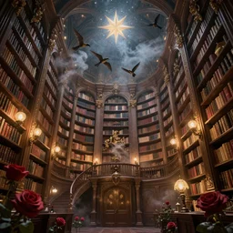 magic library in the style of baroque, star roof, dreamy, smoke, hogwarts style, birds, roses, fairy tale, evening lights, highly detailed, artstation, mysterious, comfort, in the style of aetherpunk