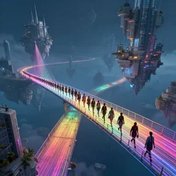 incredible, refugees crossing a mindblowingly beautiful bridge made of rainbow hardlight, to a floating city in the sky, matte painting, artstation, cgsociety, dramatic lighting, concept art, octane render, arnold 3 d render
