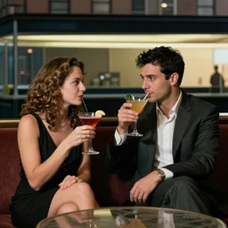 a young status-seeking couple drinking cocktails in a classy lounge in NYC, picture in the style of Edward Hopper