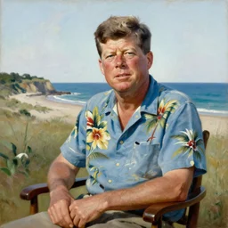 portrait of john f kennedy, wrinkled, grey hair, handsome, hawaiian shirt, sitting in chair, landscape of nantucket beach, dunes, ocean, bluff, oil on canvas by william sidney mount - 1 9 8 2, trending on artstation
