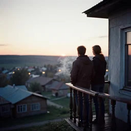lomo photo of pair standing on small hrushevka balcony full with cigarette smoke in small russian town looking at sunset, cinestill, bokeh