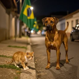 beautiful night telephoto of stray, Stray caramel cat and a green and yellow flag in the streets of Brazil | Rhodesian Ridgeback | photo, dslr, nikon lens, night time photography
