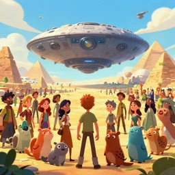 a multitude of humans beings and anthropomorphic animals staring around a giant alien ship, pyramids in the background. beautiful energetic cartoon