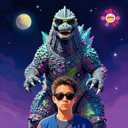 a portrait of godzilla with sunglasses in front of the camera by takashi murakami, beeple and james jean, aya takano color style, 8 k, super detailed, night sky, digital art, digital painting, celestial, majestic, colorful, front