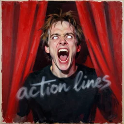 dale cooper doppelganger, screaming, WHITE EYES!!! red curtains, painting by phil hale, 'action lines'!!!, graphic style, visible brushstrokes, motion blur, blurry