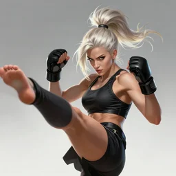 a highly detailed illustration of fierce ponytail platinum blonde woman wearing black mma gear and gloves, dramatic powerful kicking pose, perfect face, fairly muscular, athletic, intricate, elegant, highly detailed, centered, digital painting, artstation, concept art, smooth, sharp focus, league of legends concept art, WLOP