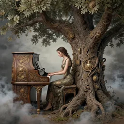 woman playing a piano sitting on a giant tree, very detailed, 8k, maximized, ornate, masterpiece, complex, by Greg rutkowski, Alex Gray, surrounded by smoke