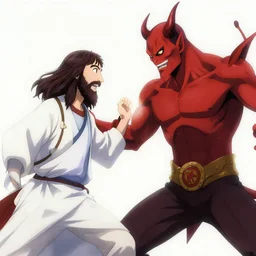 jesus!!! christ!!! having an epic anime fight with the devil, anime movie frame, cinematic composition,