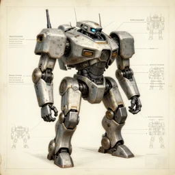 A detailed schematic drawing of a battle mech, blueprint, technical drawing, military robot, concept art, character design, annotations, paper texture, hard surface, hyper detailed, matte painting, Artyom Turskyi, Longque Chen, Mack Sztaba, Vladimir Manyukhin artstation, 8k
