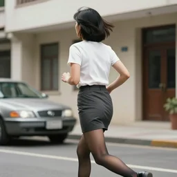A woman, running, mini-skirt, short hair, tights, building, car; on the street, summer; 90's professional color photograph, close up, view from behind,