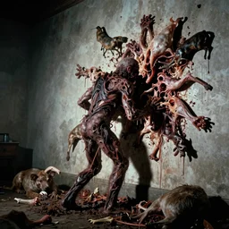big budget body horror movie with the thing eating animals and creating art on the wall with their bodies. 1980s horror movie photograph.