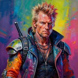 a portrait of an apocalyptic scifi punk rock biker character design, psychedelic vibrant colors, futuristic punk rock fashion, oil painting by michael whelan art, ed repka art, sharp focus, realistic, grizzled face of clint eastwood, highly detailed, 8 k