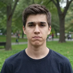 portrait photo of an unhappy umimpressive young man in central park, face is glitched