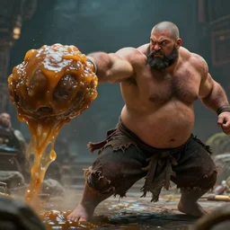 short DND monk man with a short scruffy beard punching a monster greased up, only wearing tattered shorts portly and muscular, hyper realism, moving quickly dramatic ambient lighting, cinematic, high detail, 8k, octane render, depth of field