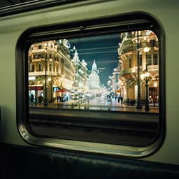 fuji 5 0 r, 3 5 mm ; film still of shinkansen interior with leather seat side window view with ; in the background anamorphic projection of beautiful hyperrealistic wide lens film still from ronin ( 1 9 9 0 ) negresco promenade scene, in style of 1 9 9 0 frontier in porcelain 3 5 mm photography architectural studio edition, highly detailed, cinematic lighting, 8 k