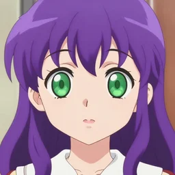 cute lariennechan anime portrait by Takeuchi Naoko, green big round eyes, symmetrical face, purple hair