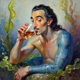 Distinguished Merman Salvadore Dali drinking the finest whiskey in a glass, Algae. Trending on ArtStation and Pixiv. A vibrant digital oil painting. A highly detailed fantasy character illustration by Wayne Reynolds and Charles Monet and Gustave Dore and Carl Critchlow and Bram Sels
