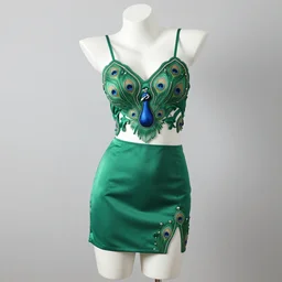 a peacock inspired camisole and short skirt on a mannequin