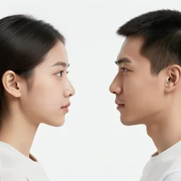 two faces, human and non - human artificial intelligence, one opposite the other looking into each other's eyes in the style of polish school of posters