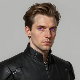 Portrait of a man by Greg Rutkowski, he is about 40 years old, mixture between russian and irish, coiffed brown hair, attractive, bright purple eyes, extremely pale white skin, smart looking, he is wearing a black futuristic lawyer outfit, highly detailed portrait, scifi, digital painting, artstation, concept art, smooth, sharp foccus ilustration, Artstation HQ