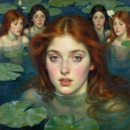 realistic face closeup of a water nymph, selkie, water sprite, emerging from the water's surface with lily pads, nymphaea, art by robert hughes and joseph noel patton and sophie gengembre anderson and kay nielsen, pre raphaelite art, oil painting, beautiful, inviting colors, full frame