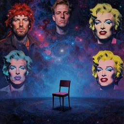 alone on a chair at the end of time. cosmic digital art pastelpiece masterpiece trending on artstation by noel fielding, beeple, james gunn, gorillaz, marvel studios and dr seuss. hyper detailed portrait with 4 k macrolens, curated by andy warhol and dc.