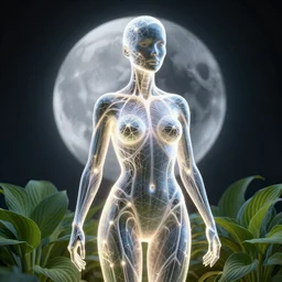 a mesh female form composed of geometric neurons and veins, see - through, subsurface illumination, flowering hosta plants!!!, moon in background!, rule of thirds, clean linework, dramatic, award winning, 4 k, trending on artstation, photorealistic, volumetric lighting, octane render