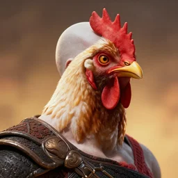 photo of Kratos, Kratos's head is replaced with that of a chicken, volumetric lighting, high detail, 8k, warm toned gradient background