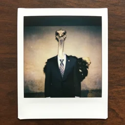 polaroid of ostrich in a suit