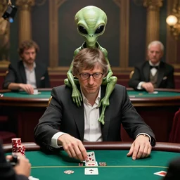 alien an alien sitting on bill gate's shoulder in a poker match, hyper realistic, photographic, sharp focus, by greg rutkowski and alphonse mucha