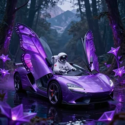 an astronaut sitting inside of a supercar + butterfly winged doors open, in a forest of purple geometric neon flowers, in water, mountains in background, 4 k, moody, dramatic, trending on artstation, award winning, photorealistic, volumetric lighting, octane render,