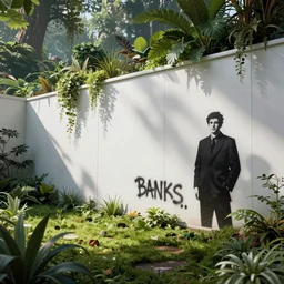 a solarpunk white plastic wall by john berkey, covered in graphitti by banksy, basquiat, cleon peterson, dramatic cinematic lighting, manicured solarpunk greenery
