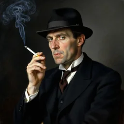 portrait of the devil smoking a cigarette, in the dark, nicely dressed, and wearing a bolero hat, by norman rockwell.