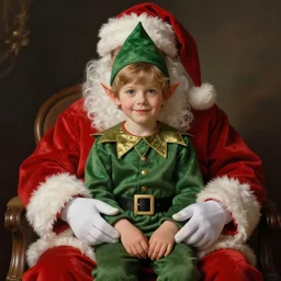 little elf boy sitting on santa's lap, artwork