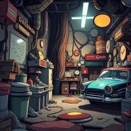 photo cartoon illustration comics manga painting of garageenvironement : 6 fantasy environement, digital painting, unreal engine, 8 k, volumetric lighting, contrast by john kirby by carl warner and jim woodring, trending on artstation