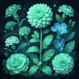 beautiful _ digital _ matte _ painting _ of _ whimsical _ botanical _ illustration _ mint _ and _ blue _ flowers _ and dahlias, carnations, enchanted _ dark _ background _ dark _ contrast _ by _ android _ jones _ dollpunk