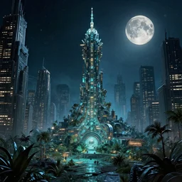 reclaimed by nature by noah bradley, universe tron made of glass matte painting retro atlantis at night reclaimed by nature bladerunner 2 0 4 9 moon liberty city darkacademia biopunk apocalyptic nature, archdaily, wallpaper, highly detailed, trending on artstation.