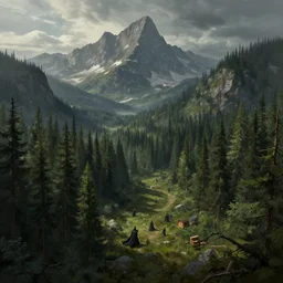 a stark landscape with forests and mountains, with wizards roaming across it, very detailed concept art, matte painting, digital art, concept art, realistic beautiful, trending on Artstation, Greg Rutkowski
