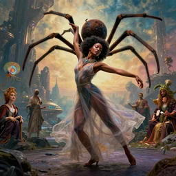 realistic detailed portrait movie shot of a single beautiful black woman in a transparent sheer fabric dress dancing with a giant spider, futuristic sci fi landscape background by denis villeneuve, monia merlo, yves tanguy, ernst haeckel, alphonse mucha, max ernst, caravaggio, roger dean, sci fi necklace, masterpiece, dreamy, rich moody colours