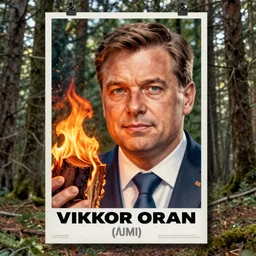 symmetry!! propaganda poster of viktor orban in a forest, holding a burning wood piece, highly detailed face