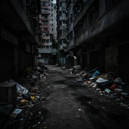 dark, dirty, streets of hong kong, abandoned, creepy, piles of trash and junk, low brightness, cinematic lighting, no power, no lights, high resolution