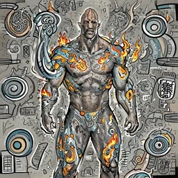 a masculine fire elemental that looks like Dwayne 'The Rock' Johnson