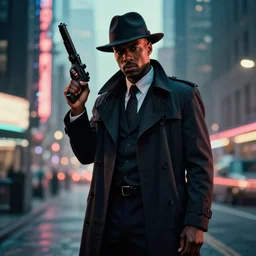 hyper - realistic, a handsome black male detective holding a blaster, wearing a fedora, a suit and trench coat, blade runner city, neo - noir aesthetic, cinematic composition, cinematic colors, 3 5 mm film, roger deakins style, realistic film, no signature, 8 k
