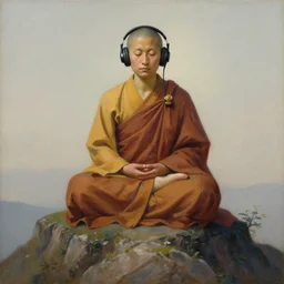 a painting of a monk wearing headphones meditating on top of a mountain, style by joseph christian, detailed, coherence, smooth, hyper detailed, studio quality